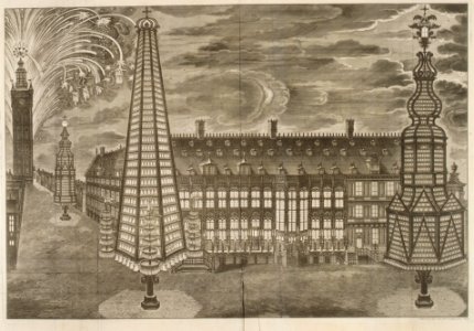Relation de l' Inauguration Solemnelle de Sa Sacrée Majesté Imperiale et Catholique Charles VI .. comme Comte de Flandres. -Illuminations at the Hôtel de Ville and Fireworks behind the Belfry, Ghent, October 19, 1717- MET DR157