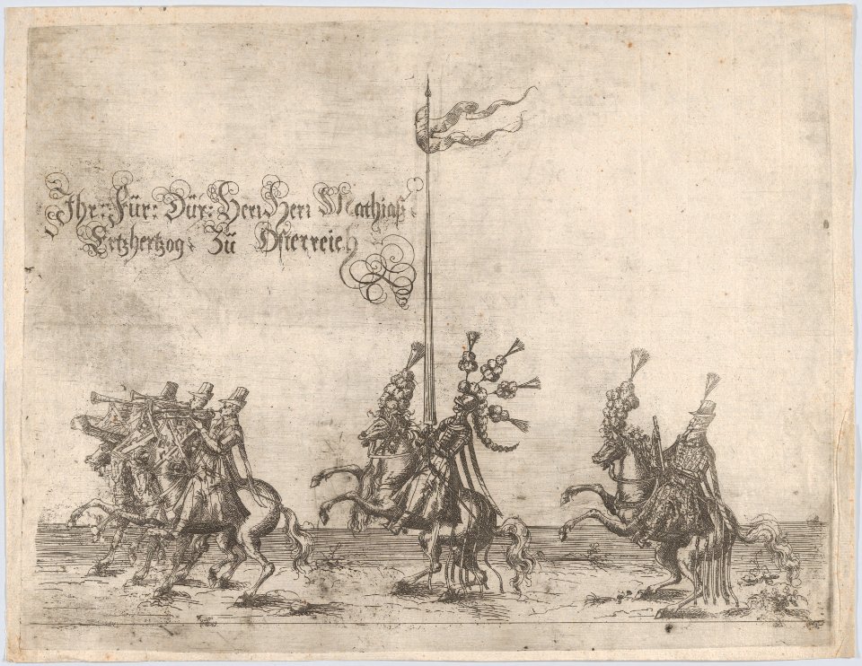 Procession, with men riding horses; three men playing trumpets at front, a knight at center, and a gentleman at the rear MET DP874774