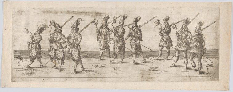 Procession, with three groups of three men, each holding a gun MET DP874727