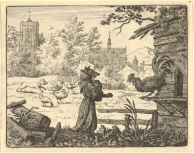 Renard, Disguised as a Monk, Gains the Confidence of the Rooster from Hendrick van Alcmar's Renard The Fox MET DP837691
