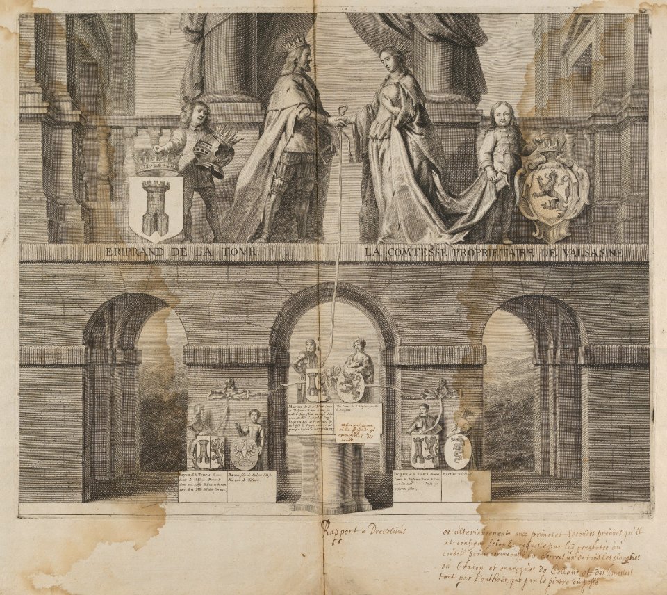 Proof impression with Corrections and Instructions of a Print celebrating the Union and Lineage of Eriprand de la Tour with the Comtesse de Valsasine MET DP842068