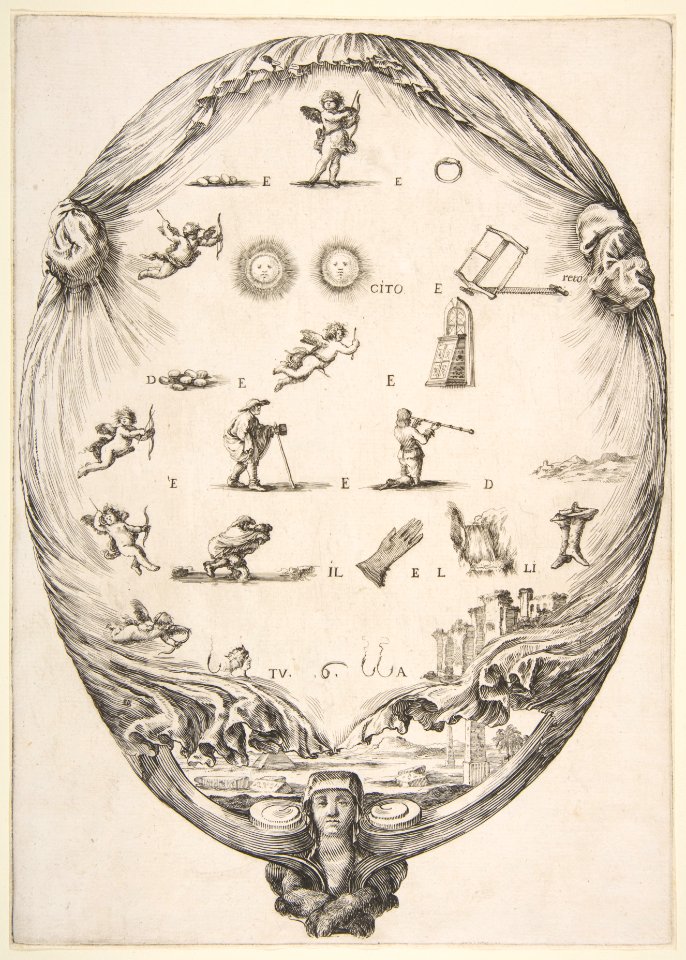 Rébus on the subject of love, a riddle depicted on drapery, below a landscape with a pyramid and two obelisks, a bust of a sphinx at bottom, an oval composition MET DP817821
