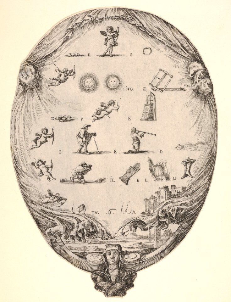 Rébus on the subject of love, a riddle depicted on drapery, below a landscape with a pyramid and two obelisks, a bust of a sphinx at bottom, an oval composition MET DP833259