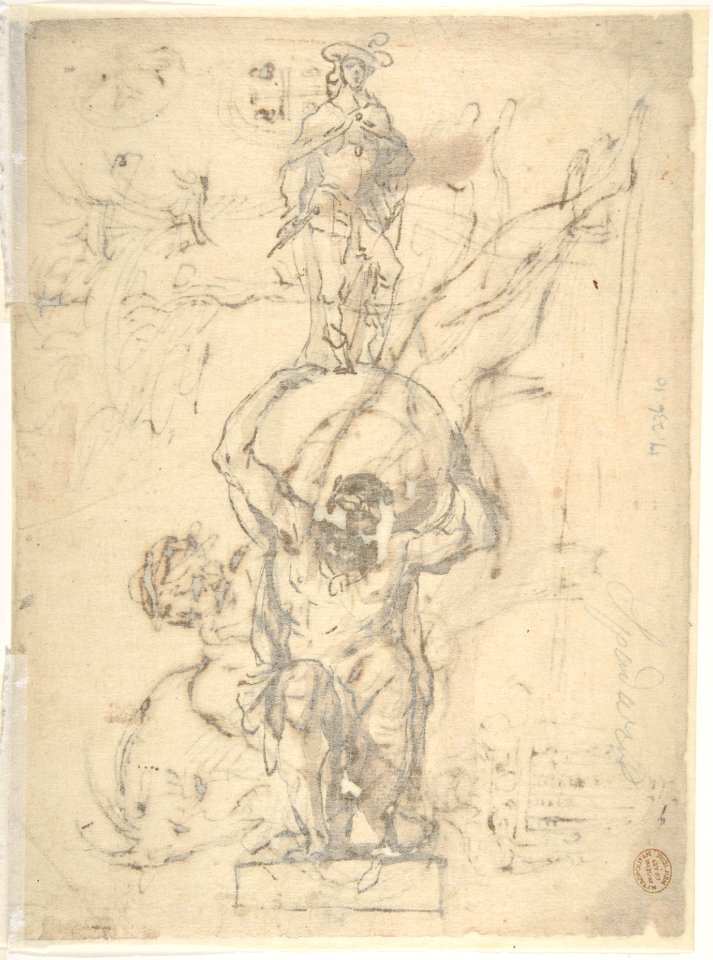 Reclining River God, a Goat's Head, and Studies of Heraldic Emblems (recto); Cavalier Standing on a Globe Supported by a Kneeling Giant (verso) MET DP809918