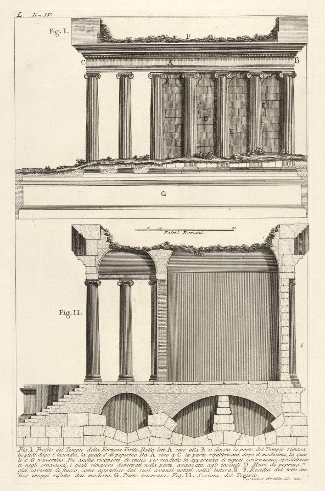Profile of the Temple of Fortuna Virilis (Profilo del Tempio della Fortuna Virile), and section of the temple, from the series 'Le Antichità Romane', Giovanni Battista Piranesi, 1756