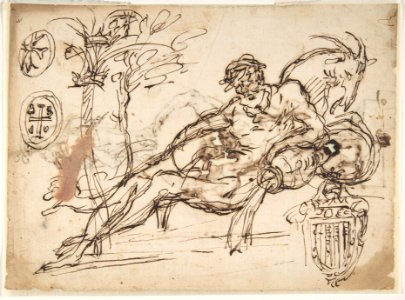 Reclining River God, a Goat's Head, and Studies of Heraldic Emblems (recto); Cavalier Standing on a Globe Supported by a Kneeling Giant (verso) MET DP809917