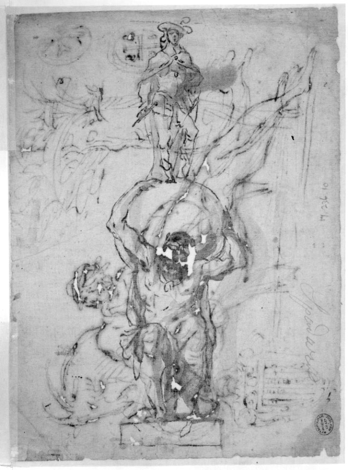 Reclining River God, a Goat's Head, and Studies of Heraldic Emblems (recto); Cavalier Standing on a Globe Supported by a Kneeling Giant (verso) MET 271295