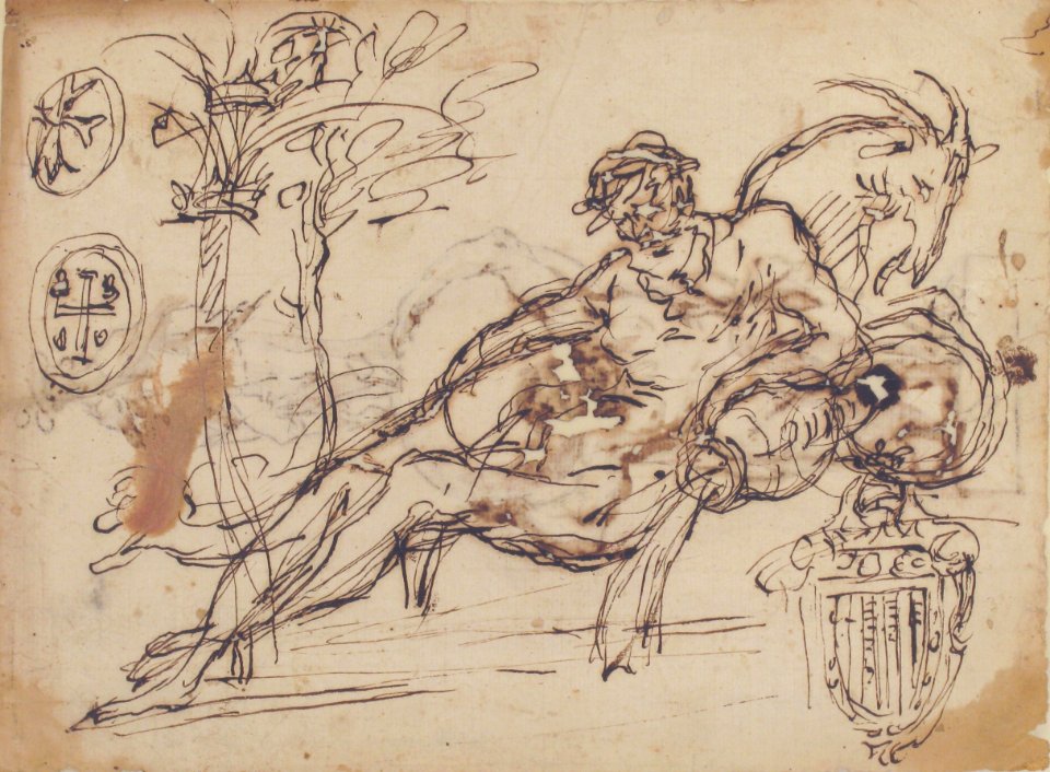Reclining River God, a Goat's Head, and Studies of Heraldic Emblems (recto); Cavalier Standing on a Globe Supported by a Kneeling Giant (verso) MET 17.236.10 RECTO