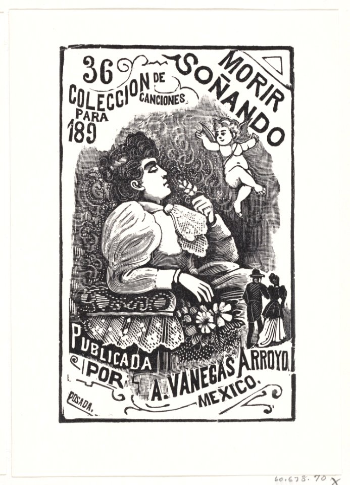 Profile of a woman sitting in a chair with her head back and holding a flower, illustration for 'Morir Soñando,' published by Antonio Vanegas Arroyo MET DP869435