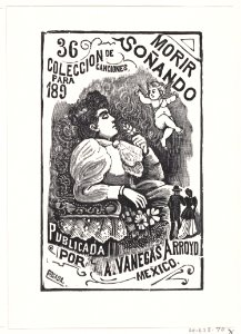 Profile of a woman sitting in a chair with her head back and holding a flower, illustration for 'Morir Soñando,' published by Antonio Vanegas Arroyo MET DP869435