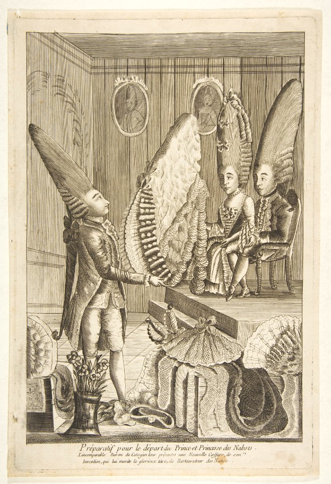 Préparatif pour le départ du Prince et Princesse des Nabots. L'incomparable Baron de Catagon leur présentes une Nouvelle Coeffure, do son Invention, qui lui merité le glorieux titre de Restaurateur des Nabots MET DP818659