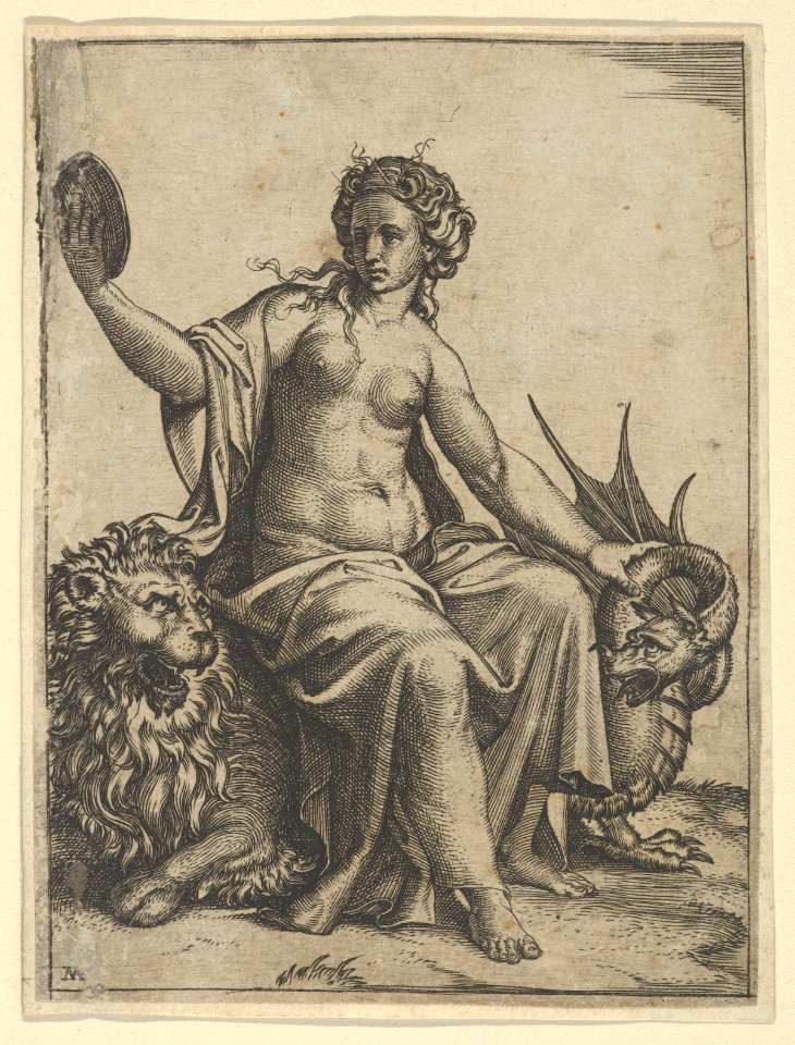 Prudence as a young woman, sitting on a lion and holding the neck of a dragon with her left hand, holding a mirror in her right hand MET DP854367