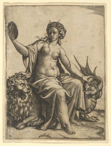 Prudence as a young woman, sitting on a lion and holding the neck of a dragon with her left hand, holding a mirror in her right hand MET DP854367