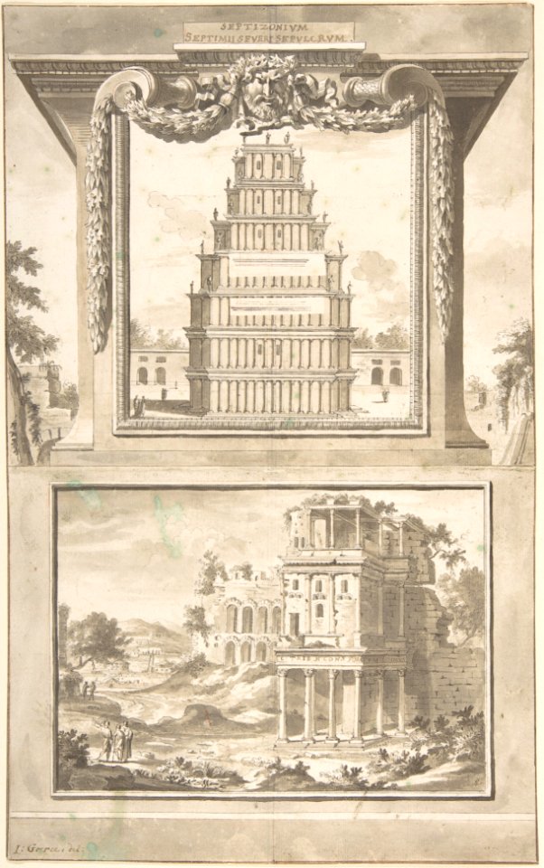 Reconstruction of the Monument to Septimius Severus (above), View of the Ruins (below) MET DP800342