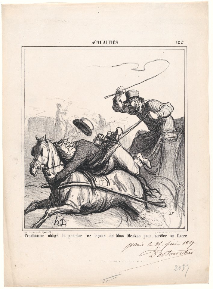 Prudhomme obliged to take lessons from Miss Menken in order to stop a cab, from 'News of the day,' published in Le Charivari, July 1, 1867 MET DP877683