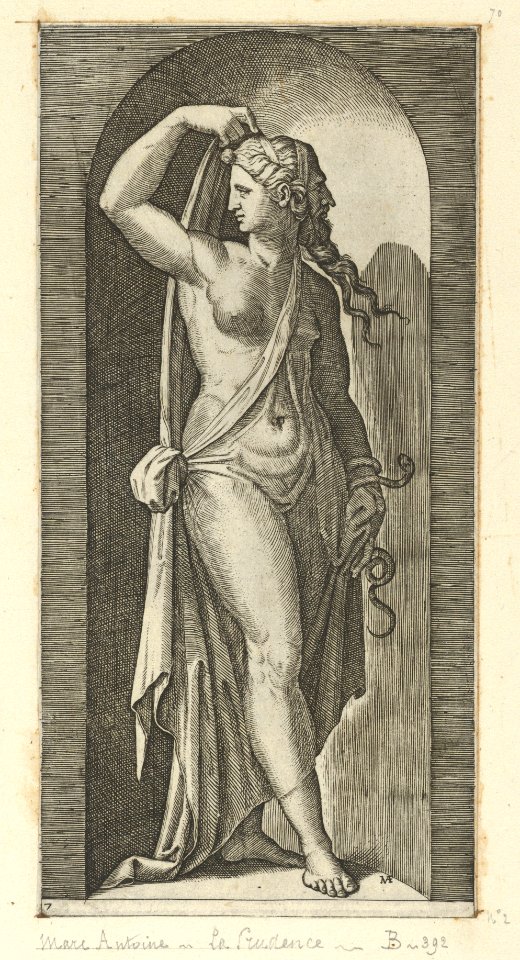 Prudence personified by a woman standing in a niche, holding a shawl in her right hand, a snake coiled around her, left from 'The Virtues' MET DP854380
