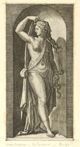 Prudence personified by a woman standing in a niche, holding a shawl in her right hand, a snake coiled around her, left from 'The Virtues' MET DP854380
