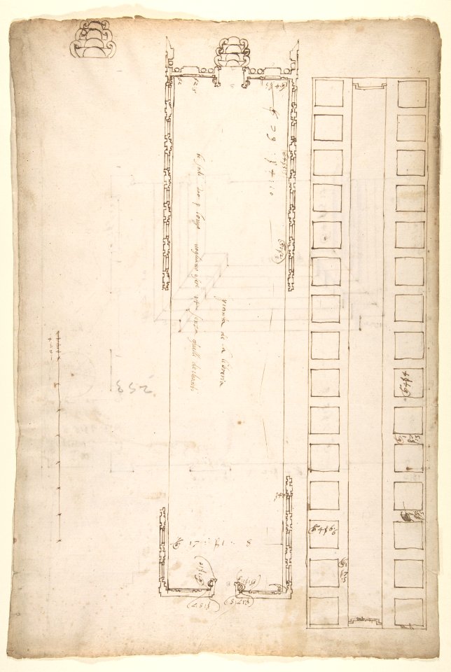 San Lorenzo, Library, plan; reflected ceiling plan; stair, detail (recto) San Lorenzo, Ricetto, plan (verso) MET DP810570