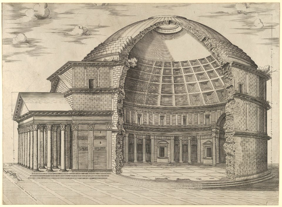 Reconstruction of the Pantheon in Rome, seen from the side, cut away to reveal the interior MET DP847231