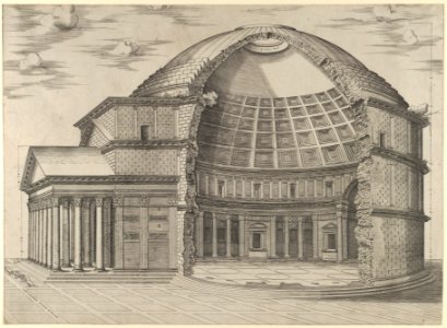 Reconstruction of the Pantheon in Rome, seen from the side, cut away to reveal the interior MET DP847231