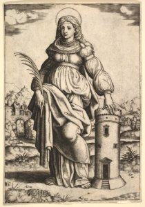 Saint Barbara standing, palm in her right hand, resting her left hand on a tower MET DP824412