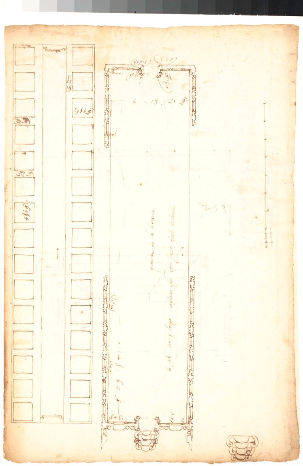 San Lorenzo, Library, plan; reflected ceiling plan; stair, detail (recto) San Lorenzo, Ricetto, plan (verso) MET DP147186