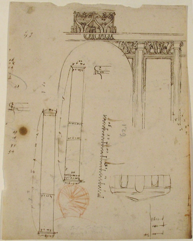 S. Costanza, drum, interior, elevation; column shafts, profiles; narthex, section; stair, detail plan (recto) stair, plans; window, elevation (verso) MET 68.769.48recto