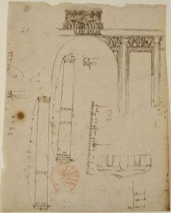 S. Costanza, drum, interior, elevation; column shafts, profiles; narthex, section; stair, detail plan (recto) stair, plans; window, elevation (verso) MET 68.769.48recto