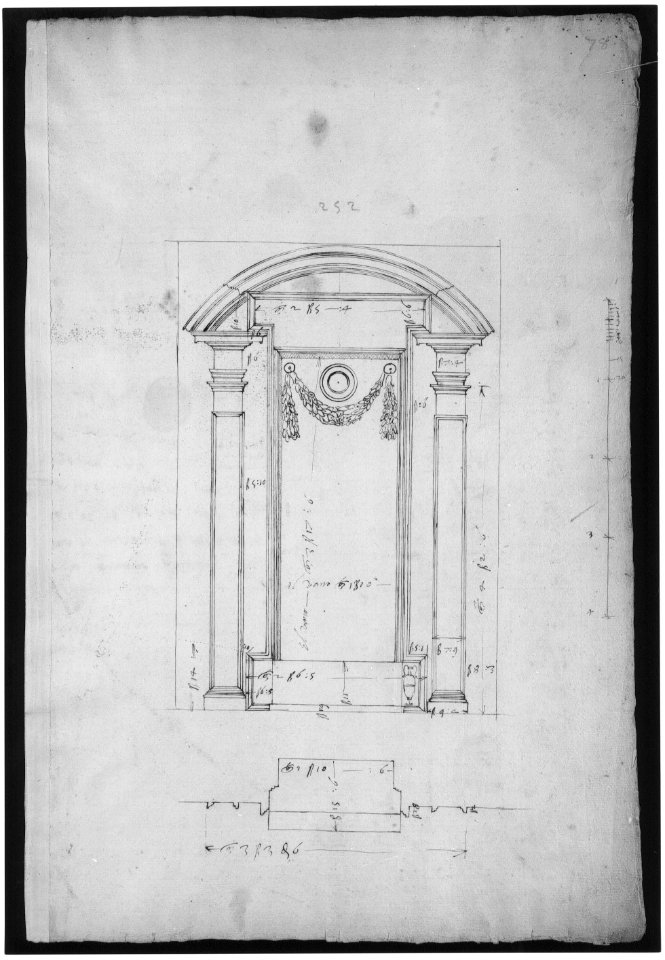 San Lorenzo, New Sacristy, niche frame, tabernacle, plan and elevation (recto) San Lorenzo, New Sacristy, entablature, cornice, and base of niche, profiles (verso) MET sf49 92 59r-MM37898