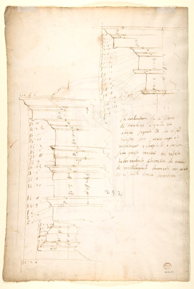 San Lorenzo, New Sacristy, niche frame, tabernacle, plan and elevation (recto) San Lorenzo, New Sacristy, entablature, cornice, and base of niche, profiles (verso) MET DP810573