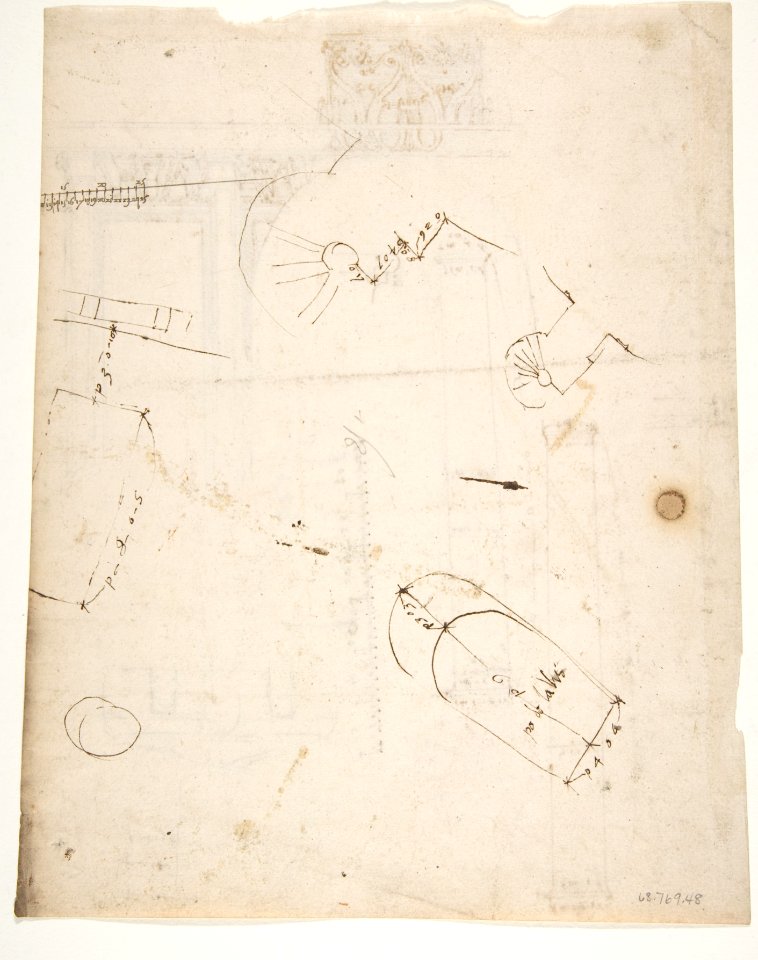 S. Costanza, drum, interior, elevation; column shafts, profiles; narthex, section; stair, detail plan (recto) stair, plans; window, elevation (verso) MET DP810746
