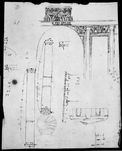 S. Costanza, drum, interior, elevation; column shafts, profiles; narthex, section; stair, detail plan (recto) stair, plans; window, elevation (verso) MET MM43691