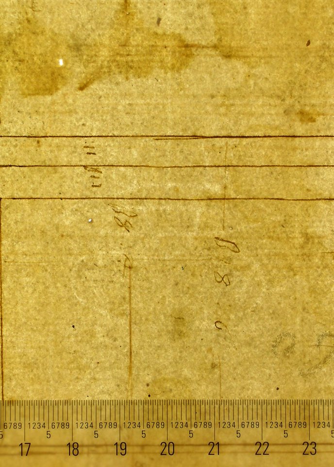San Lorenzo, Library, pilaster, elevation; soffit, detail, plan (recto) San Lorenzo, Library, entablature, section (verso) MET sf49 92 24-watermark