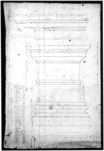 San Lorenzo, Library, pilaster, elevation; soffit, detail, plan (recto) San Lorenzo, Library, entablature, section (verso) MET sf49 92 24r-MM37872