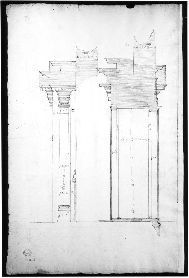 San Lorenzo, Library, entry portal to library, elevation (recto) San Lorenzo, Library, entry portal to library, section; entry portal to library, side elevation (verso) MET sf49 92 28v-MM37879