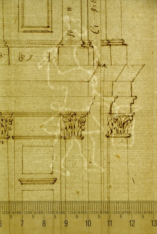 San Lorenzo, model, right half façade (left hand of folio); San Lorenzo, Library, Ricetto, consoles, elevation (right hand) (recto) blank (verso) MET sf49 92 41-watermark