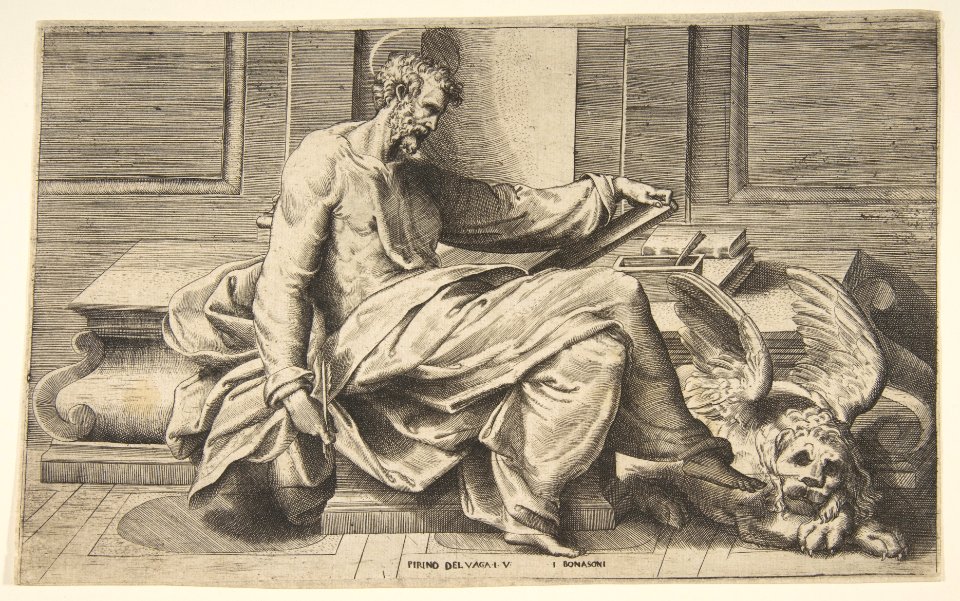 Saint Mark writing his Gospel, a winged lion at the right MET DP812427