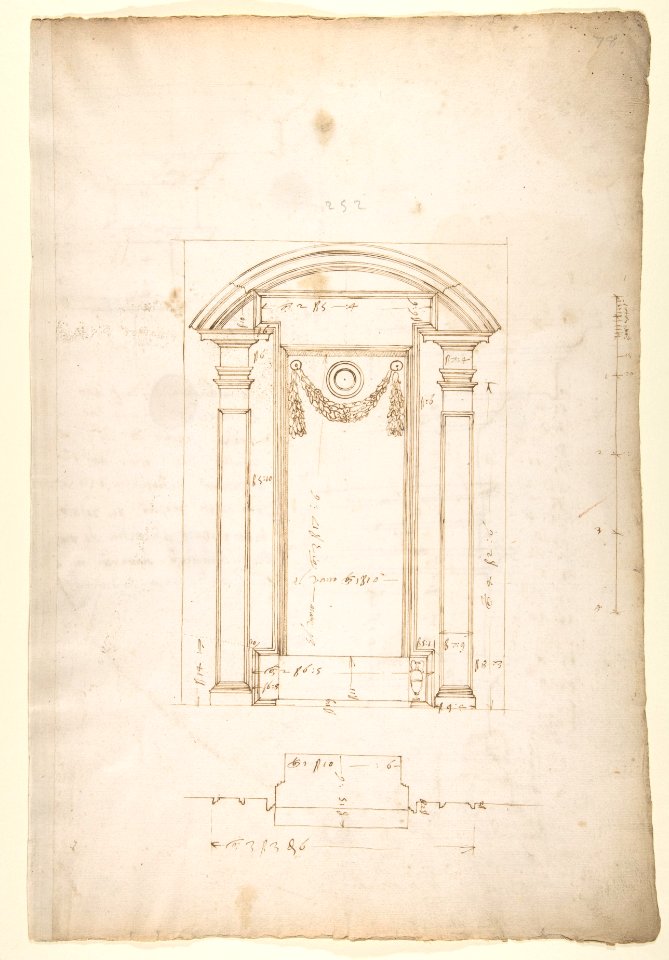 San Lorenzo, New Sacristy, niche frame, tabernacle, plan and elevation (recto) San Lorenzo, New Sacristy, entablature, cornice, and base of niche, profiles (verso) MET DP810572
