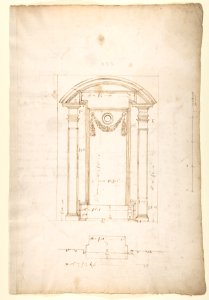 San Lorenzo, New Sacristy, niche frame, tabernacle, plan and elevation (recto) San Lorenzo, New Sacristy, entablature, cornice, and base of niche, profiles (verso) MET DP810572