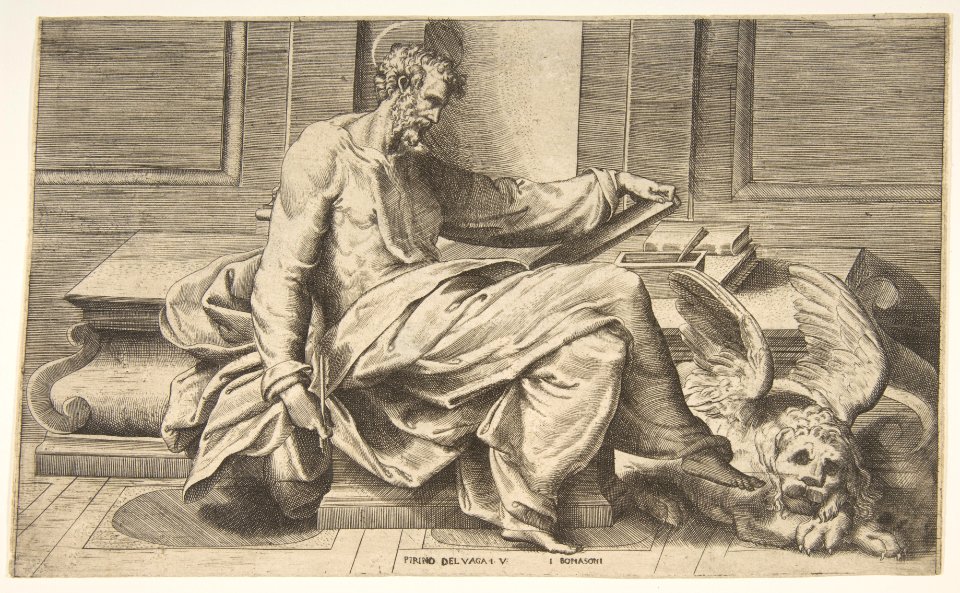 Saint Mark writing his gospel, winged lion at the right MET DP812425