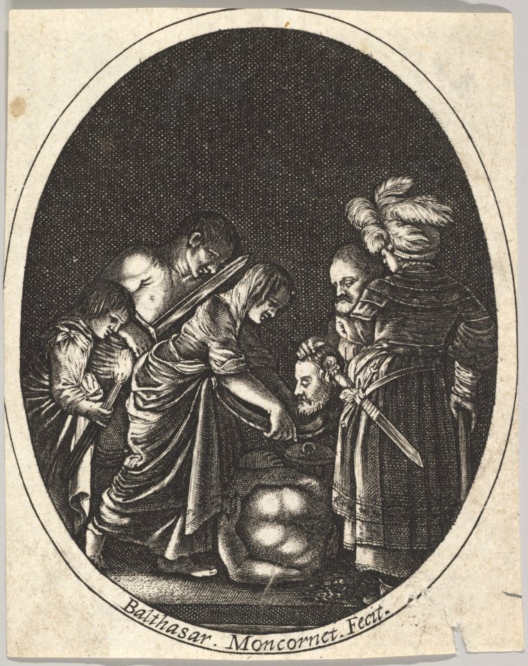 Salome receiving the head of John the Baptist, surrounded by three men and a child bearing a torch, the Baptist's body lies on the ground, an oval composition MET DP828349