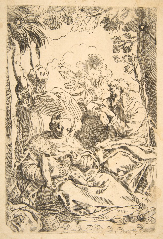 Repose in Egypt, Holy Family seated while an angel pulls at tree branches, copy after Cantarini MET DP815032