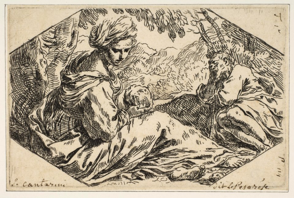 Repose in Egypt, Mary holding and looking at the infant Christ while St. Joseph sleeps MET DP815103