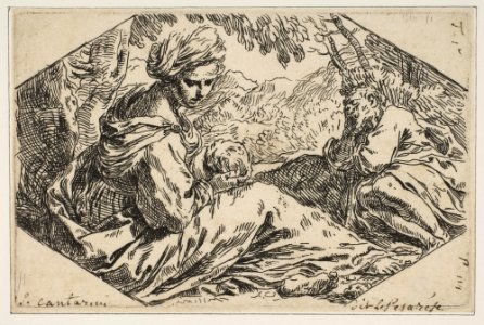 Repose in Egypt, Mary holding and looking at the infant Christ while St. Joseph sleeps MET DP815103