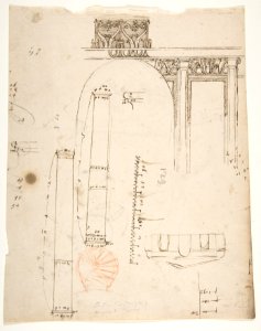 S. Costanza, drum, interior, elevation; column shafts, profiles; narthex, section; stair, detail plan (recto) stair, plans; window, elevation (verso) MET DP810745