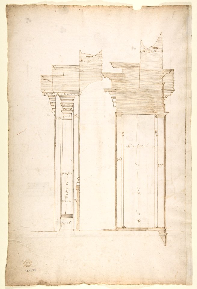 San Lorenzo, Library, entry portal to library, elevation (recto) San Lorenzo, Library, entry portal to library, section; entry portal to library, side elevation (verso) MET DP810630