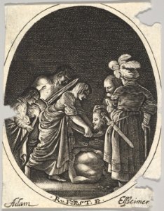 Salome receiving the head of John the Baptist, surrounded by three men and a child bearing a torch, the Baptist's body lies on the ground, an oval composition MET DP828348