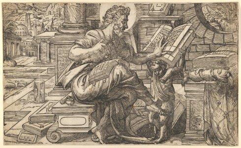 Saint Matthew seated and reading from a book held by a putto, set within a fanciful architectural backdrop, from a series of woodcuts of the Four Evangelists, copy after Rue Montorgueil woodcut MET DP835943