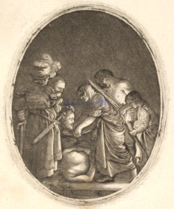 Salome receiving the head of John the Baptist, surrounded by three men and a child bearing a torch, the Baptist's body lies on the ground, an oval composition MET DP828346