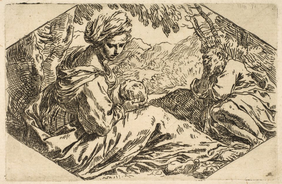 Repose in Egypt, Mary holding and looking at the infant Christ while St. Joseph sleeps MET DP815105